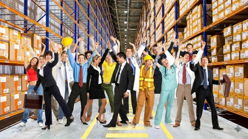 Equipo diverso de trabajadores celebrando en un almacén para ilustrar el bienestar laboral y la productividad