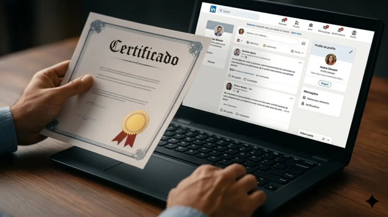Persona sosteniendo un certificado frente a un portátil con su perfil de LinkedIn abierto