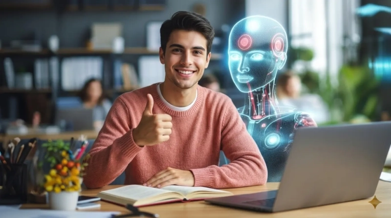 Persona estudiando inteligencia artificial con un portátil junto a una representación digital de un robot