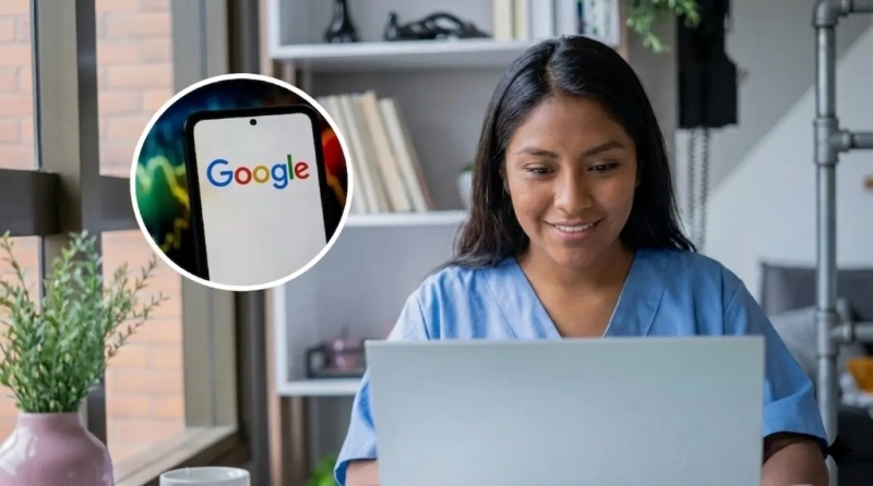 Mujer sonriente estudiando en su laptop cursos gratuitos de Google con certificado