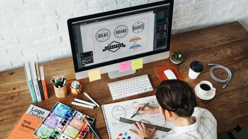 Diseñadora gráfica creando bocetos para un portafolio profesional frente a un ordenador