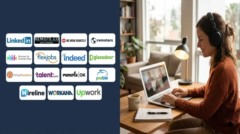 Mujer buscando trabajo remoto en un portátil junto a logotipos de portales de empleo