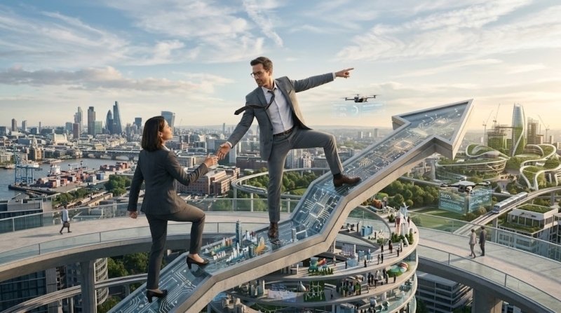 Profesional subiendo una flecha de crecimiento sobre una ciudad, representando el momento de pedir un ascenso laboral.