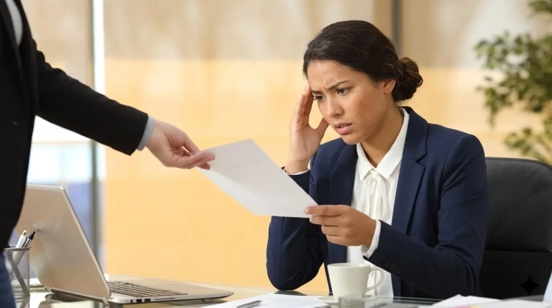 Mujer angustiada recibiendo una carta de despido en su escritorio, con expresión de preocupación y la mano en la cabeza.