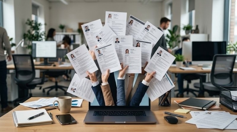 Varios currículums saliendo de una laptop sostenidos por diferentes manos, representando la gran cantidad de candidaturas que reciben los reclutadores por cada vacante.