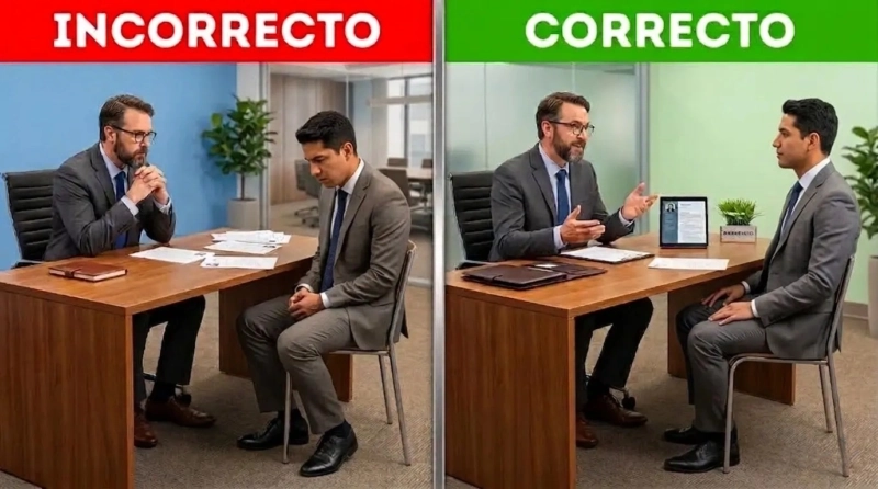 Comparación de lenguaje corporal incorrecto y correcto en una entrevista de trabajo, mostrando posturas cerradas frente a posturas abiertas y confiadas.