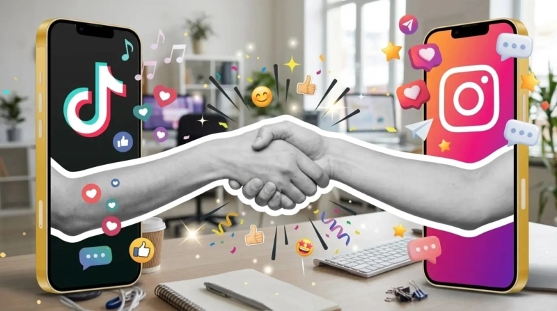Manos estrechándose entre dos celulares con los logos de TikTok e Instagram, representando la conexión entre redes sociales y networking profesional.