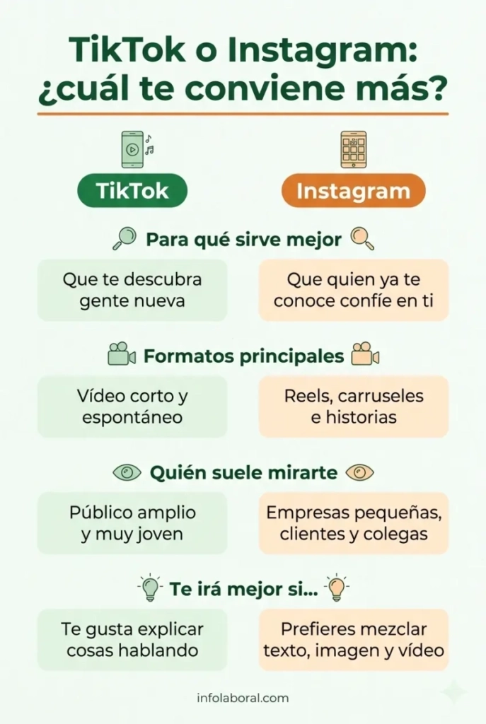 Infografía comparativa TikTok vs Instagram para marca personal: TikTok sirve para que te descubra gente nueva con vídeo corto; Instagram, para generar confianza con reels, carruseles e historias.
