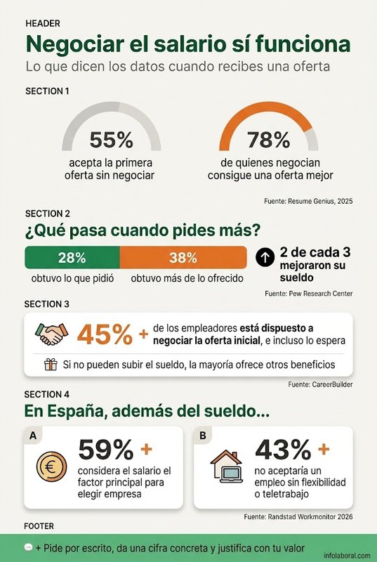 Infografía sobre cómo negociar salario después de una oferta: el 78% de quienes negocian consigue una oferta mejor y 2 de cada 3 mejoran su sueldo.