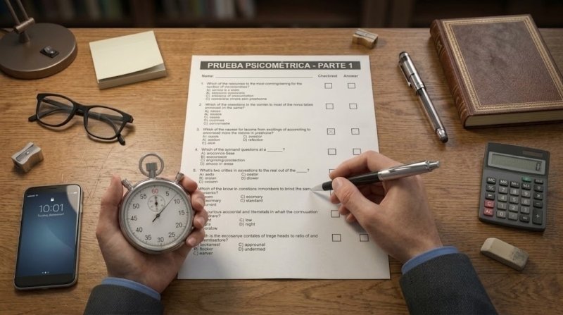 Persona contestando una prueba psicométrica con lápiz mientras sostiene un cronómetro, ilustrando un examen con tiempo limitado en un proceso de selección