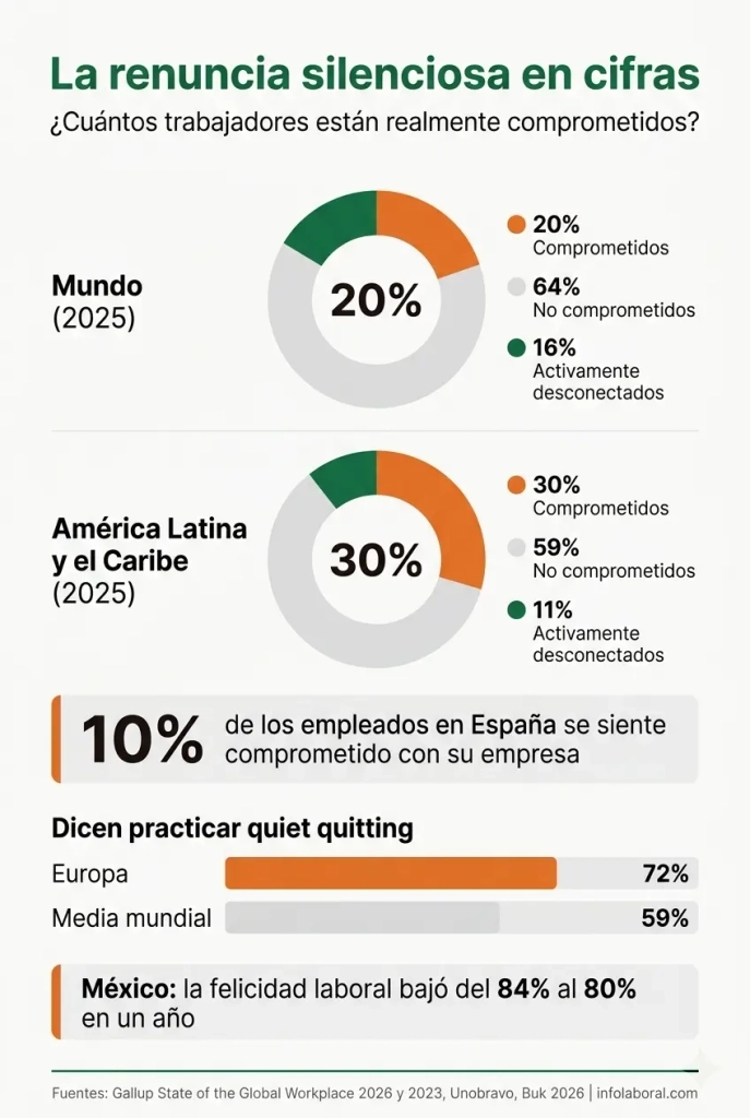 Infografía sobre qué es el quiet quitting en cifras: 20% de empleados comprometidos en el mundo y 30% en América Latina según Gallup 2026